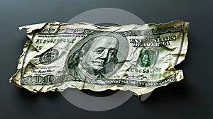 crumpled hundred dollar banknote on a black background