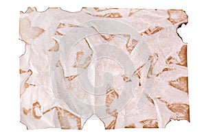 Crumpled old brown paper on white background isolated close up with text plase, wrinkled dirty empty sheet of paper, copy space