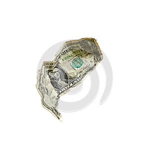 Crumpled One dollar banknote isolated on white background