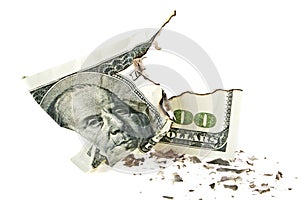 Crumpled one hundred dollar bill on white background