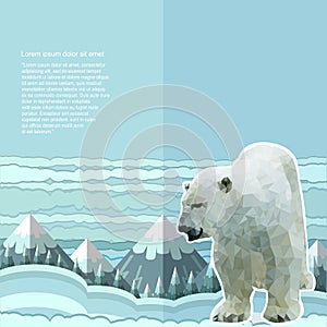 Crumpled paper background with polar bear and snow forest and mountines on horizont photo