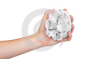 Crumpled paper ball in hand isolated on white background