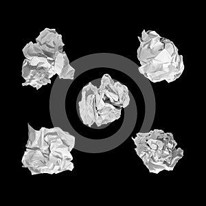 Crumpled paper ball set isolated on black background.