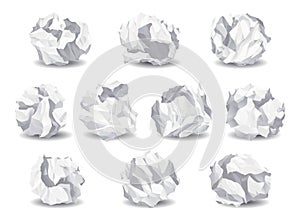 Crumpled paper balls icons. Realistic garbage, bad idea symbols, crushed piece of papers. Throw rumple grunge sheets