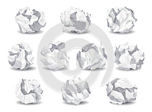 Crumpled paper balls icons. Realistic garbage, bad idea symbols, crushed piece of papers. Throw rumple grunge sheets photo
