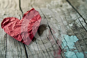 Crumpled paper heart on wooden table background