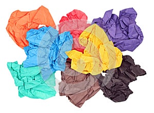 The crumpled paper sheets of different colors