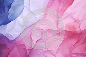 Crumpled paper texture background in pale pink, white and blue colors. The wrinkled design paper, fabric folds