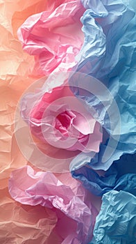Crumpled Paper Texture in Pastel Pink, Blue, and Purple Hues. Background for Instagram Story, Banner