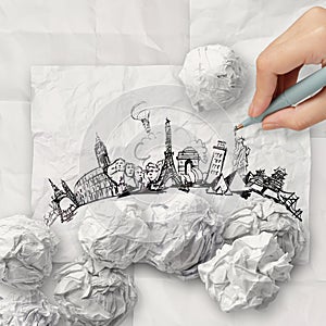 Crumpled paper and traveling around the world