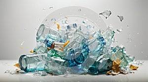 Crumpled plastic bottles falling on a white background