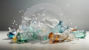Crumpled plastic bottles falling on a white background.