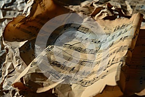 Crumpled sheet music on crumpled vintage paper. Generative AI