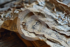Crumpled sheet music on crumpled vintage paper. Generative AI