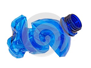 Crumpled and squashed blue plastic water bottle isolated on white background.