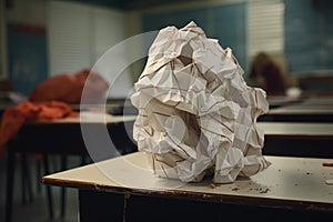 a crumpled test paper with a failing grade