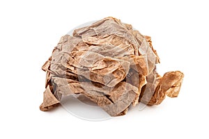 wrinkled jammed Crumpled wad of kraft paper isolated. jamed ball brown pape photo