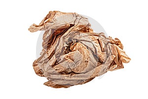 wrinkled jammed Crumpled wad of kraft paper isolated. jamed ball brown paper photo