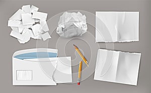 Crumpled wasted paper. Realistic torn paper sheet with ripped envelope and crinkled notes