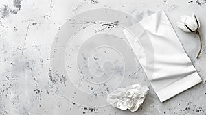A crumpled white napkin on the floor, the concept of cleanliness, against a stone table, top view of the layout
