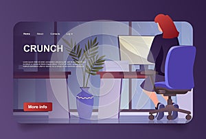 Crunch time concept in cartoon design for landing page. Overworked woman working in office late at night. Business deadline