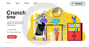 Crunch time concept for landing page template. Woman does not complete work task to deadline. Time management and job stress