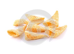 Crunchy corn snacks on a white background