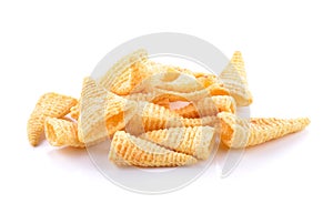 Crunchy corn snacks on a white background