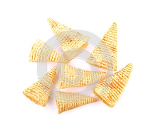 Crunchy corn snacks on a white background