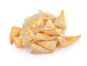Crunchy corn snacks on a white background
