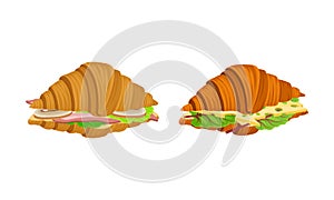 Crunchy croissants with various ingredients set. French croissant with ham, cheese, sausage, lettuce vector illustration