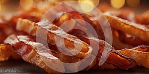 crunchy fried bacon strips background full frame banner.