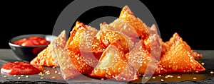 Crunchy Golden Fried Samosas with Sesame Seeds Served with Spicy Sauce on a Dark Background, Traditional Indian Snack