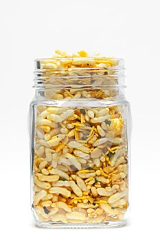 Crunchy Murmura in glass jar, made with Puffed Rice and Curry leaves