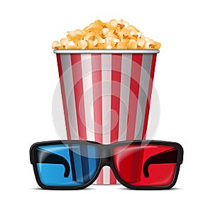 Crunchy popcorn snack in striped bucket with 3D glasses, vector