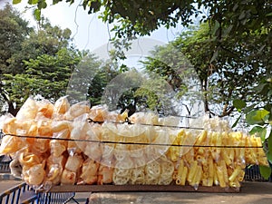 Crunchy   Potatoes and sagu  chips  displayed  on calcutta  foot path  for sail.