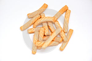 Crunchy prawn crackers or shrimp crisp traditional snack - prawn crackers stick isolated on white background