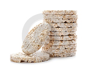 Crunchy rice cakes on white background.