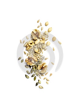 Crunchy snack of nuts, pepitas, sunflower seeds on white photo