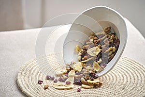 Crunchy tropical muesli pile mix with banana