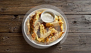 Crunchy zucchini breaded sticks with dip sauce