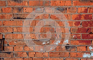 crush red brick wall texture grunge background, old interior design, panorama of masonry