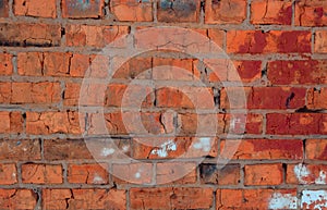 crush red brick wall texture grunge background, old interior design, panorama of masonry