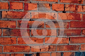 Crush red brick wall texture  grunge background, old interior design, panorama of masonry pattern