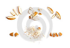 Crushed Almonds Isolated on White Background Closeup