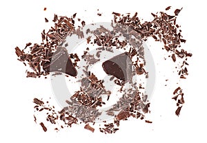 Crushed chocolate shavings isolated on white background