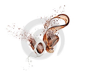 Crushed coffee beans in milk and coffee splashes isolated on white background