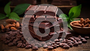 Crushed dark chocolate pieces and cocoa beans on culinary background for recipes