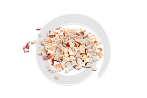 Crushed dried apples on white background