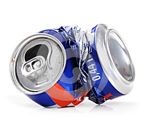 Crushed drink can on white